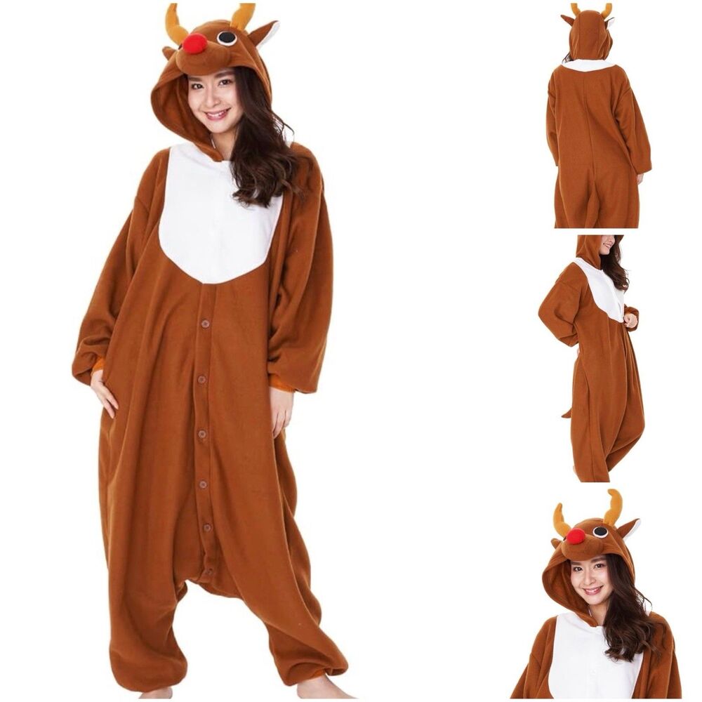 Christmas Reindeer Pajama Size M Adult Unisex Winter Warm Hooded Lounge holiday
